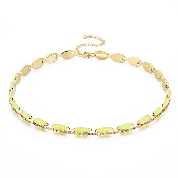 Brass Micro Pave Cubic Zirconia Link Tennis Necklaces for Women, with Enamel, Nickel Free, Real 18K Gold Plated, Oval, Yellow, 34x0.7cm