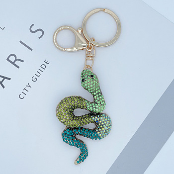 Full Rhinestone Snake Pendant Keychain, with Alloy Findings, for Car Bag Pendant , Yellow Green, 14x4.9cm
