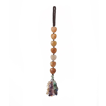 Heart Natural Yellow Jade & Mixed Stone Chips Tassel Pendant Decorations, Nylon Thread Hanging Ornament, 215~220mm