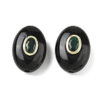 Natural Black Obsidian Beads, Flat Oval with Brass Pave Cubic Zirconia Findings, Golden, 18.5x13.5x9mm, Hole: 1.8mm(GG-CBA75E3-08)