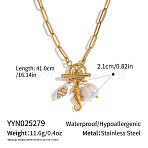Summer Beach 304 Stainless Steel Sea Horse & Natural Shell & Imitation Pearl Pendant Necklaces, Real 18K Gold Plated, 16.14 inch(41cm)(EU3290-1)