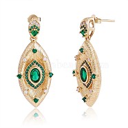 Green Cubic Zirconia Evil Eye Dangle Stud Earrings, Brass Jewelry for Women, Golden, 39x15mm, Pin: 0.8mm(JE997A)