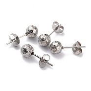 Textured Round Bead 304 Stainless Steel Stud Earring Findings, with Ear Nuts/Earring Backs and Hole, Stainless Steel Color, 17x6mm, Pin: 0.8mm(EJEW-O104-01P-A)