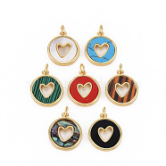 Brass Pendants, with Shell/Synthetic Stone/Acrylic and Jump Ring, Real 16K Gold Plated, Flat Round with Heart, Nickel Free, Mixed Color, 18x15x2mm, Jump Ring: 5x1mm, 3mm inner diameter(KK-N227-65-NF)