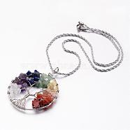 Tree of Life Mixed Stone Big  Pendants Necklaces, with 304 Stainless Steel Chain, 19.6 inch(NJEW-JN01684)
