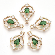 Golden Tone Brass Pendants, with Faceted Glass and Rhinestone, Teardrop, Sea Green, 17x12.5x3.5mm, Hole: 1.2mm(X-GLAA-R212-10A)