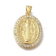 Rack Plating Brass Micro Pave Clear Cubic Zirconia Pendants, Long-Lasting Plated, Cadmium Free & Lead Free, Virgin Mary Charms, Real 18K Gold Plated, Oval, 24.5x18.5x2.5mm, Hole: 3x4mm(KK-G500-02D-G)