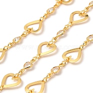 Handmade Brass Link Chain, with Glass Beads, Unwelded, with Spool, Heart, Real 18K Gold Plated, 10x11x0.5mm and 10x5x2mm and 5.5x2.5x0.9mm, about 16.40 Feet(5m)/Roll(CHC-E028-04G)