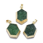Natural Druzy Agate Pendants, Edge Golden Plated, with Golden Tone Brass Finding, Hexagon, Dyed & Heated, Medium Sea Green, 29~29.5x18~18.5x10.5~11.5mm, Hole: 5x8mm(G-O176Q-05D-G)