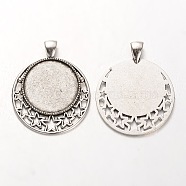 Tibetan Style Alloy Pendant Cabochon Settings, Cadmium Free & Lead Free, Flat Round with Stars, Antique Silver, Tray: 25mm, 44x36x2mm, Hole: 5x7mm, about 140pcs/kg(PALLOY-J494-30AS)