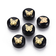 Handmade Lampwork Beads, with Golden Plated Brass Etched Metal Embellishments, Flat Round with Butterfly, Black, 8x5~6mm, Hole: 0.8mm(LAMP-S196-011)