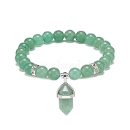 Natural Green Aventurine Round Beaded Stretch Bracelet with Bullet Charms, Gemstone Yoga Jewelry for Women, Inner Diameter: 2~2-1/8 inch(5.1~5.3cm)(BJEW-JB09018-02)