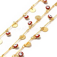 Red Enamel Evil Eyes Charm Chains, with Brass Bar Link Chains, Soldered, with Spool, Real 18K Gold Plated, 12.5x2x0.5mm(CHC-A006-01G)