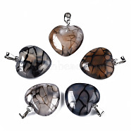 Natural Dragon Veins Agate Pendants, with Stainless Steel Snap On Bails, Heart, Stainless Steel Color, Dark Gray, 22~23x19~20x5~6mm, Hole: 3x5mm(G-N0325-14B)