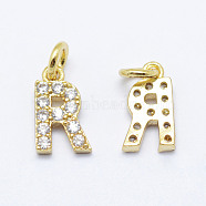 Brass Micro Pave Grade AAA Cubic Zirconia Charms, Letter R, Cadmium Free & Nickel Free & Lead Free, Real 18K Gold Plated, 9x5x1.5mm, Hole: 2mm(X-ZIRC-P067-11G-R-NR)