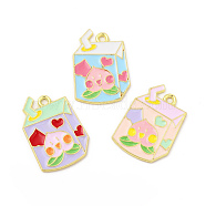 Rack Plating Alloy Pendants, with Enamel, Cadmium Free & Nickel Free & Lead Free, Milk Box with Peach Charm, Light Gold, Mixed Color, 23.5x16.5x1.3mm, Hole: 1.8mm(FIND-C018-38LG)