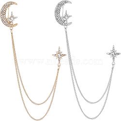 2Pcs 2 Colors Moon and Star Rhinestone Brooch with Hanging Safety Chain, Alloy Lapel Pin for Suit Shirt Collar, Platinum & Golden, 171mm, 1pc/color(JEWB-CA0001-14)