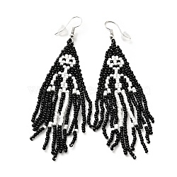Glass Seed Braided Skeleton Chandelier Earrings, Chain Tassel Alloy Halloween Earrings for Women, Black & White, 92mm, Pin: 0.6mm(EJEW-B012-01)
