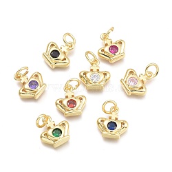 Brass Micro Pave Cubic Zirconia Pendants, with Jump Ring, Crown with Cross, Real 18K Gold Plated, Mixed Color, 11x10.3x2.7mm, Jump Rings: 5x0.8mm, Inner Diameter: 3mm(KK-P187-11-G)