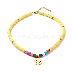 Handmada Polymer Clay & Synthetic Hematite Necklaces, 304 Stainless Steel Smiling Face Pendant Necklaces, with Lobster Claw Clasps, Lemon Chiffon, 18.11 inch(46cm)(NJEW-JN03788-01)