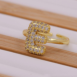 Brass Micro Pave Clear Cubic Zirconia Initial Cuff Rings, Golden, Letter E, Inner Diameter: Adjustable(FS-WGB210B-06)