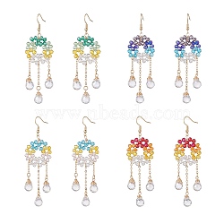 Glass Beaded Ring with Teardrop Dangle Earrings, Tassel Earrings for Women, Mixed Color, 86mm, Pin: 0.7mm(EJEW-JE05263)