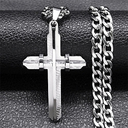 304 Stainless Steel Religion Cross Pendant Cuban Link Chain Necklaces for Men, Tarnish Free, Stainless Steel Color, 23.62 inch(60cm)(WG4F545-01)