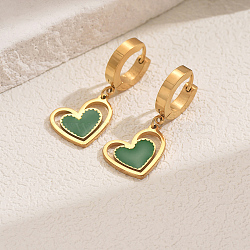 Romantic Stainless Steel Hollow Heart Pendant Hoop Earrings for Sweet Daily Parties, Golden, Green, 37x15mm(XH1770-3)