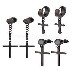 6Pcs 3 Style 304 Stainless Steel Earring Sets, Cross, Black, 33.5~57x11.5~16mm, 2pcs/style(EJEW-LP0001-39)