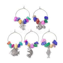 Fish Alloy Wine Glass Charms, with Synthetic Turquoise Beads and Brass Wine Glass Charm Rings, Mixed Color, 45~48mm(AJEW-JO00225)