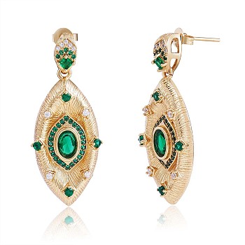 Green Cubic Zirconia Evil Eye Dangle Stud Earrings, Brass Jewelry for Women, Golden, 39x15mm, Pin: 0.8mm