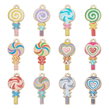 HOBBIESAY 48Pcs 12 Colors Alloy Enamel Pendants, Golden, Lollipop Charm, Mixed Color, 24x12x2mm, Hole: 1.5mm, 4pcs/color