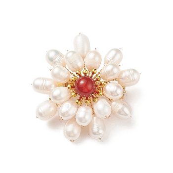 Natural Carnelian & Pearl Braided Bead Flower Lapel Pin, Golden 304 Stainless Steel Brooch for Women, 42x40x13mm