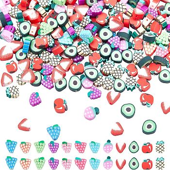 Nbeads Handmade Polymer Clay Beads, Fruit, Mixed Color, 8~14x9~12x4~5mm, Hole: 1.4mm, 300pcs/box