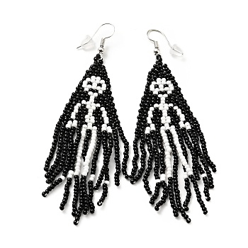 Glass Seed Braided Skeleton Chandelier Earrings, Chain Tassel Alloy Halloween Earrings for Women, Black & White, 92mm, Pin: 0.6mm