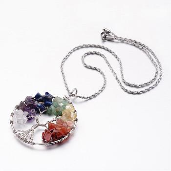 Tree of Life Mixed Stone Big  Pendants Necklaces, with 304 Stainless Steel Chain, 19.6 inch
