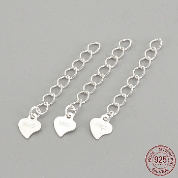 925 Sterling Silver Twisted Extender Chains, with Heart Charms, with 925 Stamp, Silver, 32mm