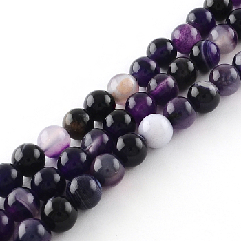 Dyed Natural Striped Agate/Banded Agate Round Bead Strands, Indigo, 6mm, Hole: 1mm, about 62pcs/strand, 15.7 inch
