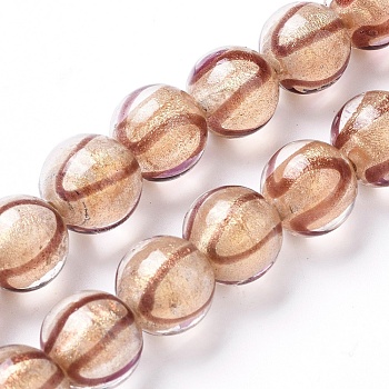 Handmade Lampwork Beads Strands, Gold Powder, Round, Tan, 12x11~11.5mm, Hole: 1.6mm, about 30pcs/strand, 13.1 inch(33.5cm)