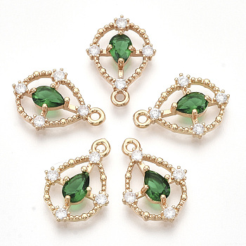 Golden Tone Brass Pendants, with Faceted Glass and Rhinestone, Teardrop, Sea Green, 17x12.5x3.5mm, Hole: 1.2mm