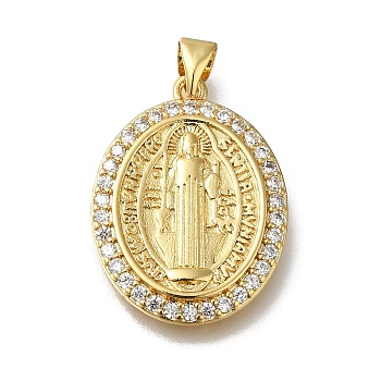 Rack Plating Brass Micro Pave Clear Cubic Zirconia Pendants, Long-Lasting Plated, Cadmium Free & Lead Free, Virgin Mary Charms, Real 18K Gold Plated, Oval, 24.5x18.5x2.5mm, Hole: 3x4mm