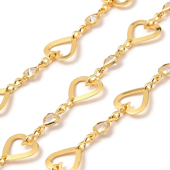 Handmade Brass Link Chain, with Glass Beads, Unwelded, with Spool, Heart, Real 18K Gold Plated, 10x11x0.5mm and 10x5x2mm and 5.5x2.5x0.9mm, about 16.40 Feet(5m)/Roll