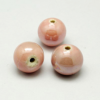 Handmade Porcelain Beads, Pearlized, Round, Pink, 12mm, Hole: 2~3mm