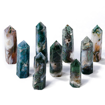 Natural Moss Agate Pointed Prism Bar Home Display Decoration, Healing Stone Wands, for Reiki Chakra Meditation Therapy Decos, Faceted Bullet, 50~60mm