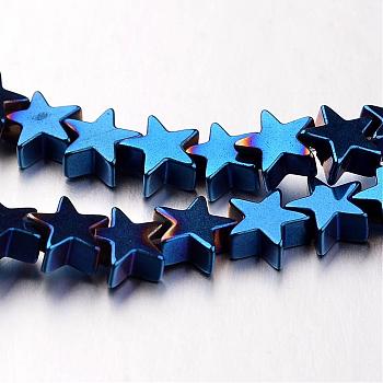 Electroplate Non-magnetic Synthetic Hematite Bead Strands, Star, Blue Plated, 6x6x2~3mm, Hole: 1mm, about 86pcs/strand, 15.7 inch