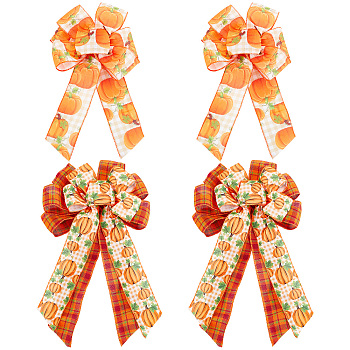 CHGCRAFT 4Pcs 2 Style Pumpkin Pattern Ployester Bowknot Display Decoration, with Tie, for Thanksgiving Day, Mixed Color, 350x220x21mm and 435x290x34mm, 2pcs/style
