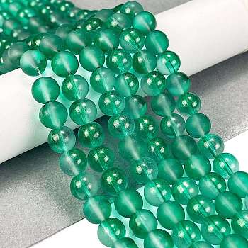 Frosted Transparent Glass Bead Strands, with Gold Powder, Round, Medium Sea Green, 8mm, Hole: 1mm, about 102pcs/strand, 30.71''(78cm)