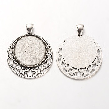 Tibetan Style Alloy Pendant Cabochon Settings, Cadmium Free & Lead Free, Flat Round with Stars, Antique Silver, Tray: 25mm, 44x36x2mm, Hole: 5x7mm, about 140pcs/kg
