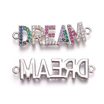 Brass Micro Pave Cubic Zirconia Links, Word Dream, Colorful, Platinum, 9x35x2mm, Hole: 1.6mm