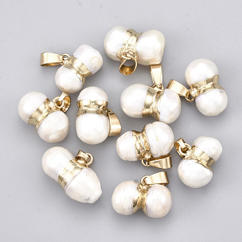 Natural Cultured Freshwater Pearl Charms, with Iron Findings, Golden, 12~14x15~20x10~12mm, Hole: 3.5x7mm